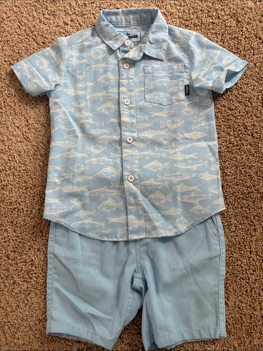 Eddie Bauer Light Blue Fish-Print Short Sleeve Button Shirt